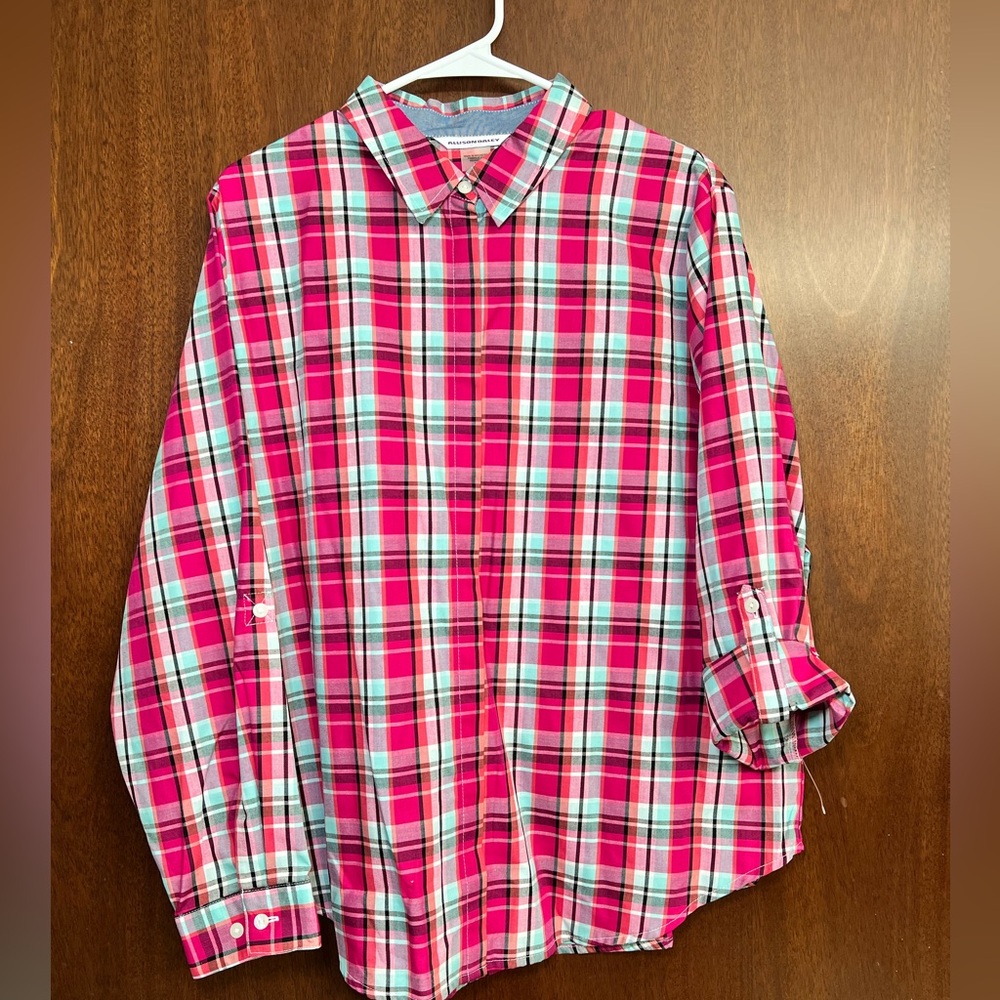 Allison Daley Plaid Pink Blue NWOT Blouse Size 18 - Picture 1 of 9